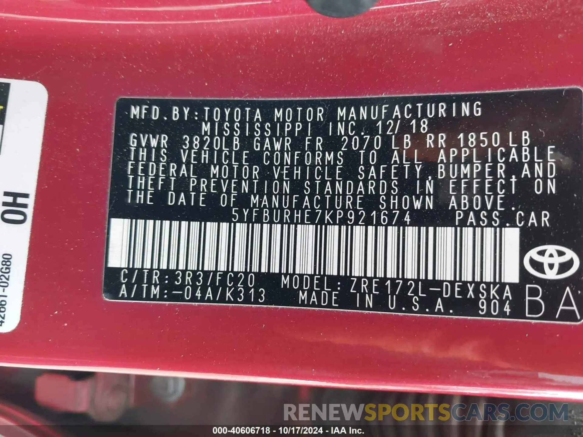 9 fotografías del automóvil dañado 5YFBURHE7KP921674 TOYOTA COROLLA 2019
