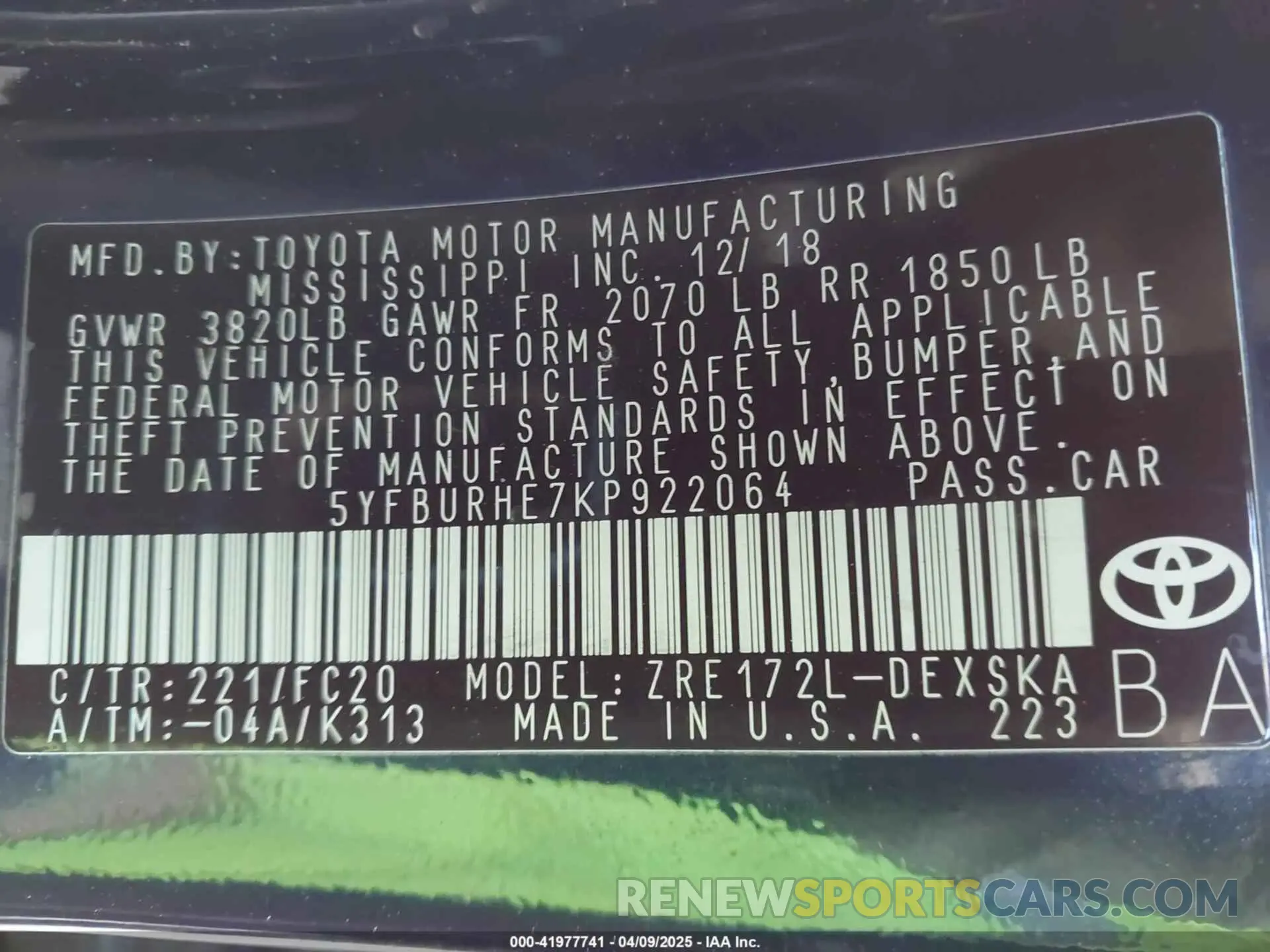 9 fotografías del automóvil dañado 5YFBURHE7KP922064 TOYOTA COROLLA 2019