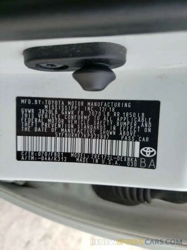 10 fotografías del automóvil dañado 5YFBURHE7KP922887 TOYOTA COROLLA 2019
