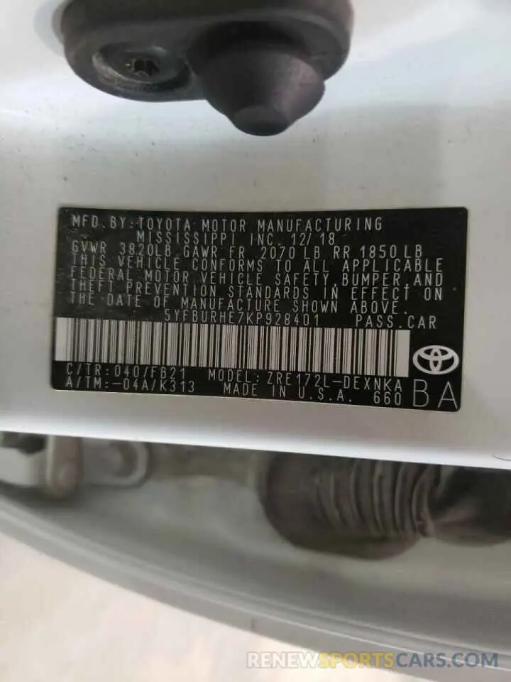 10 fotografías del automóvil dañado 5YFBURHE7KP928401 TOYOTA COROLLA 2019