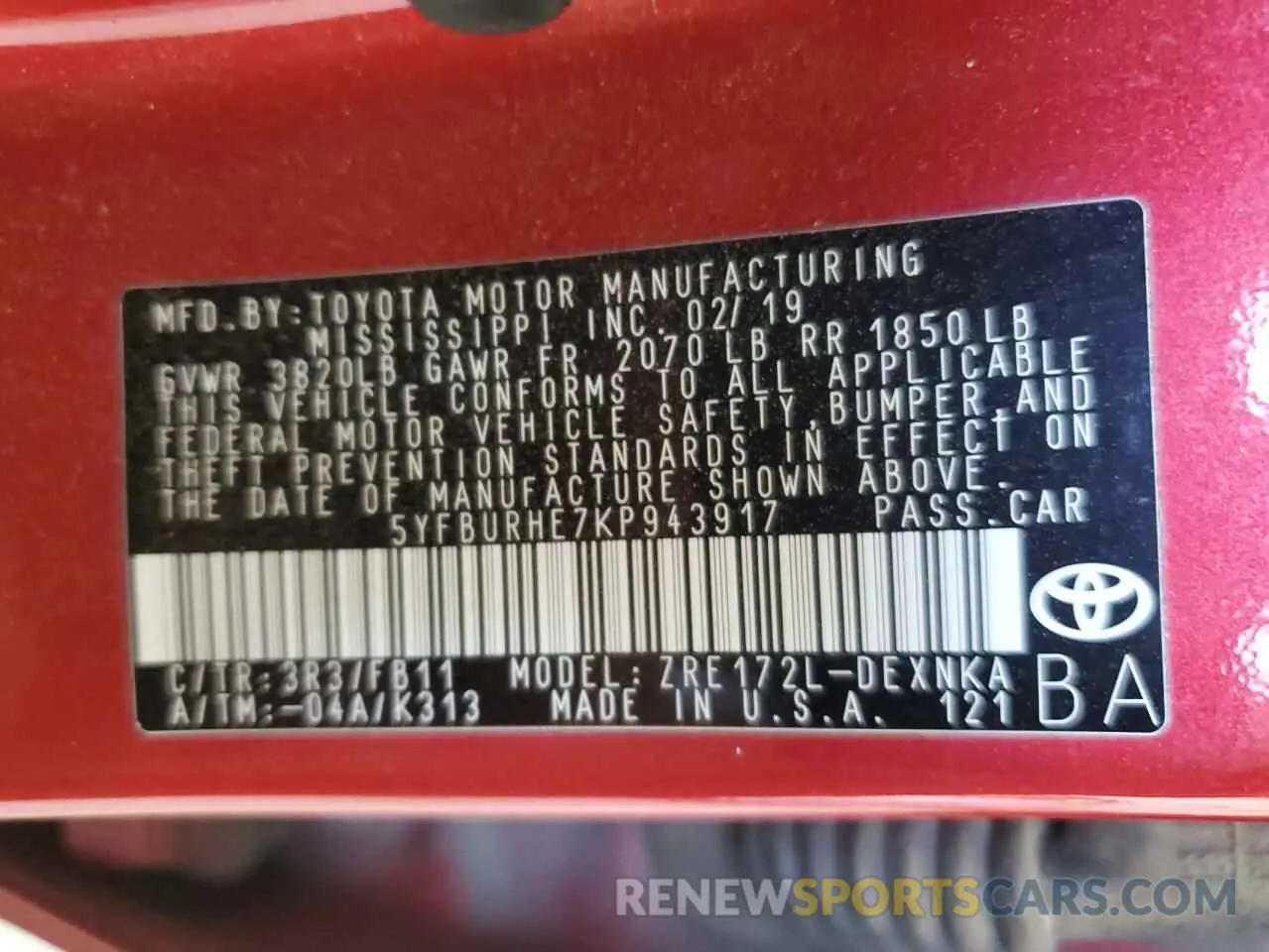 14 fotografías del automóvil dañado 5YFBURHE7KP943917 TOYOTA COROLLA 2019