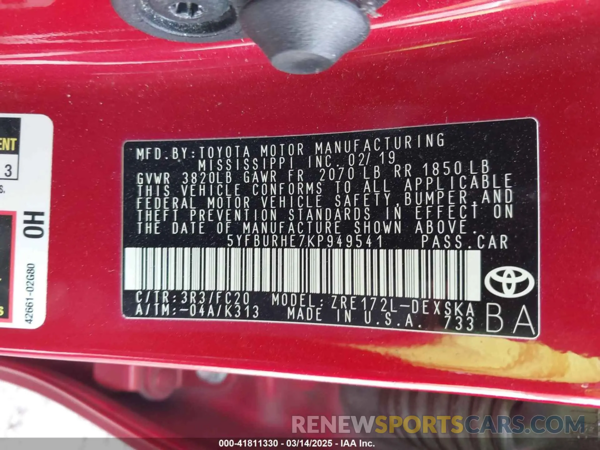 9 fotografías del automóvil dañado 5YFBURHE7KP949541 TOYOTA COROLLA 2019
