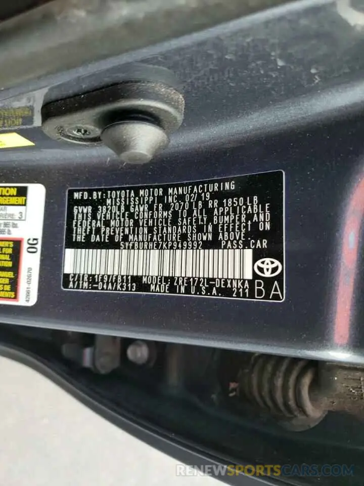 10 fotografías del automóvil dañado 5YFBURHE7KP949992 TOYOTA COROLLA 2019