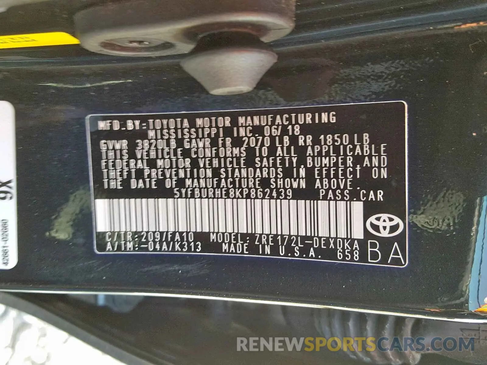 10 fotografías del automóvil dañado 5YFBURHE8KP862439 TOYOTA COROLLA 2019