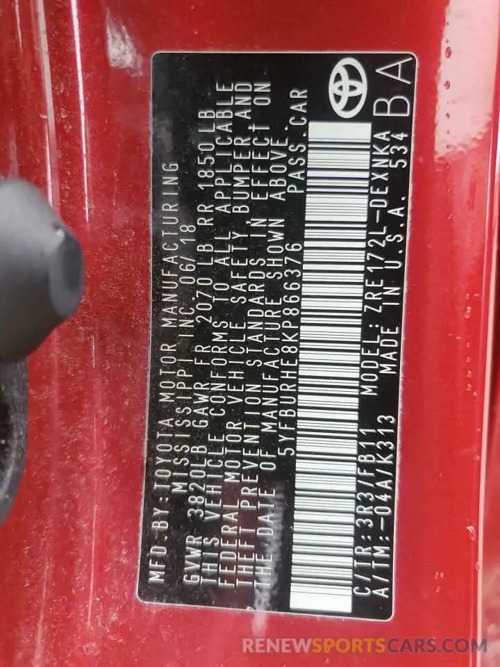 12 fotografías del automóvil dañado 5YFBURHE8KP866376 TOYOTA COROLLA 2019