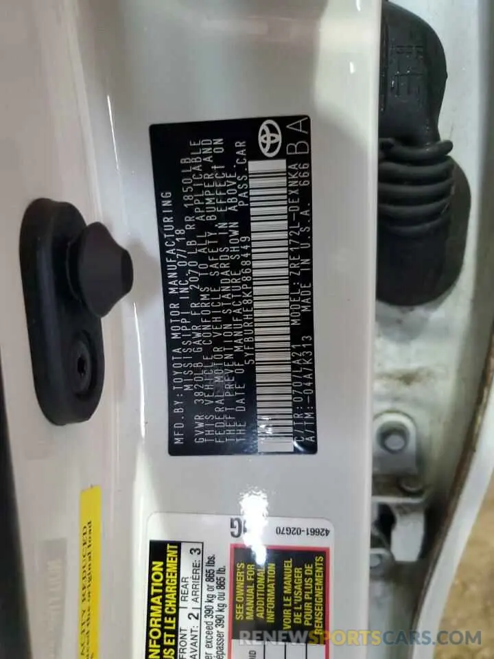 12 fotografías del automóvil dañado 5YFBURHE8KP868449 TOYOTA COROLLA 2019