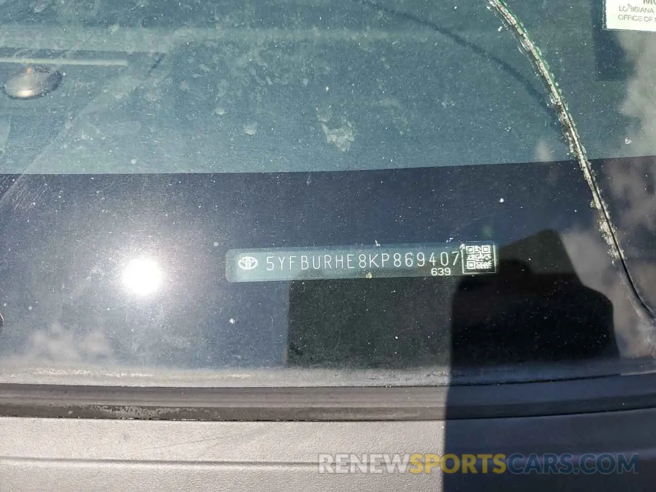12 fotografías del automóvil dañado 5YFBURHE8KP869407 TOYOTA COROLLA 2019