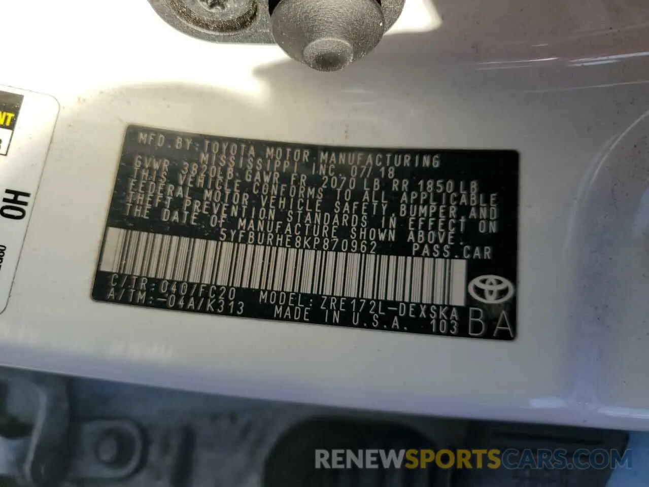 12 fotografías del automóvil dañado 5YFBURHE8KP870962 TOYOTA COROLLA 2019