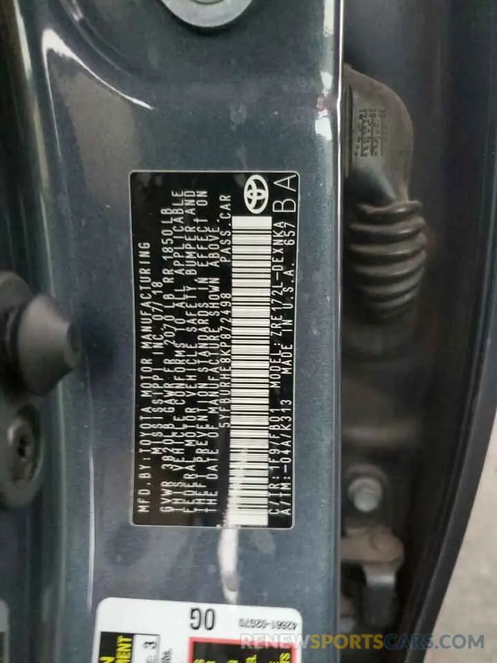 12 fotografías del automóvil dañado 5YFBURHE8KP872498 TOYOTA COROLLA 2019