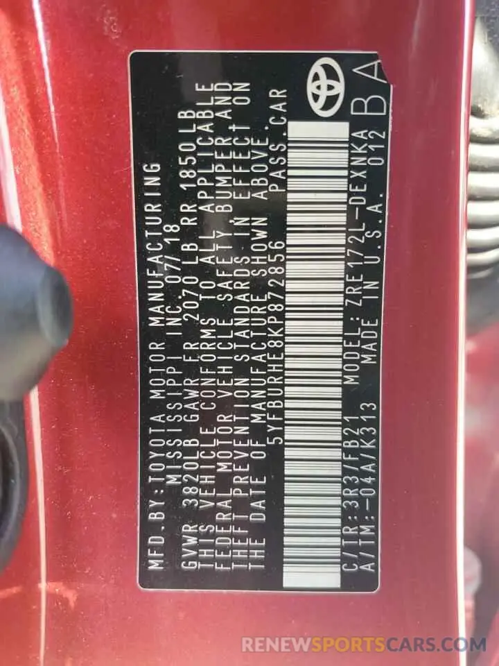 13 fotografías del automóvil dañado 5YFBURHE8KP872856 TOYOTA COROLLA 2019