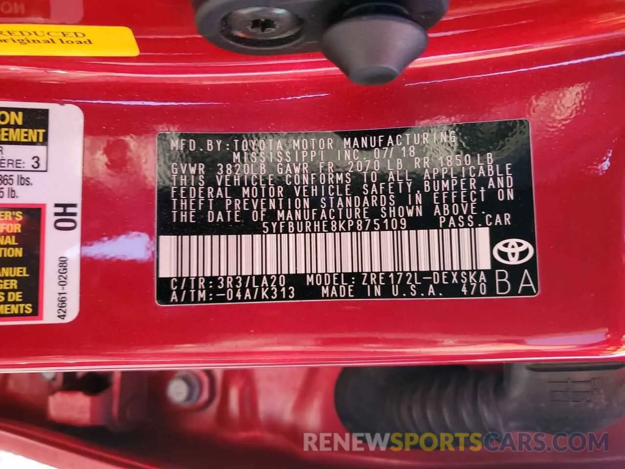 13 fotografías del automóvil dañado 5YFBURHE8KP875109 TOYOTA COROLLA 2019