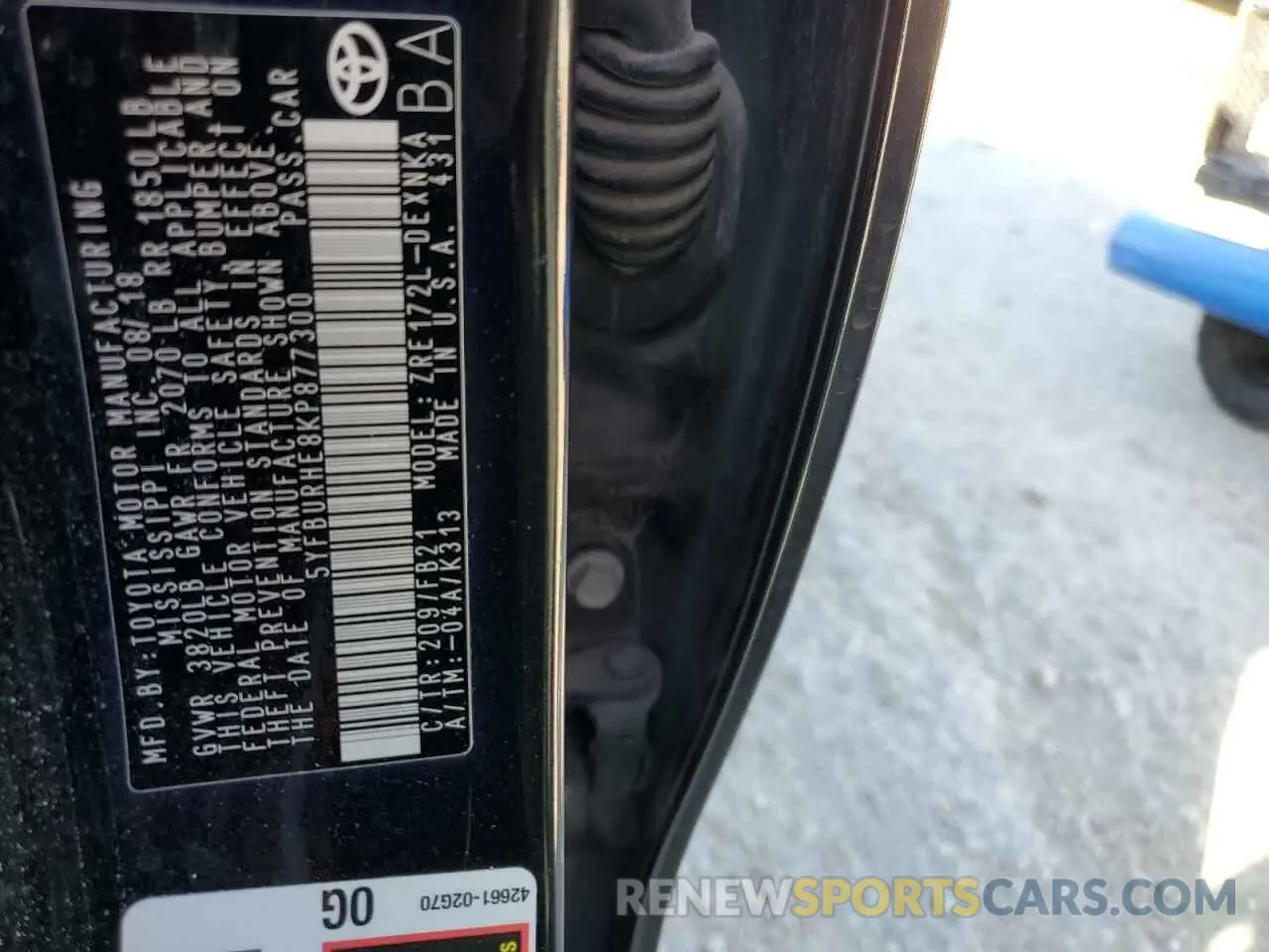 13 fotografías del automóvil dañado 5YFBURHE8KP877300 TOYOTA COROLLA 2019
