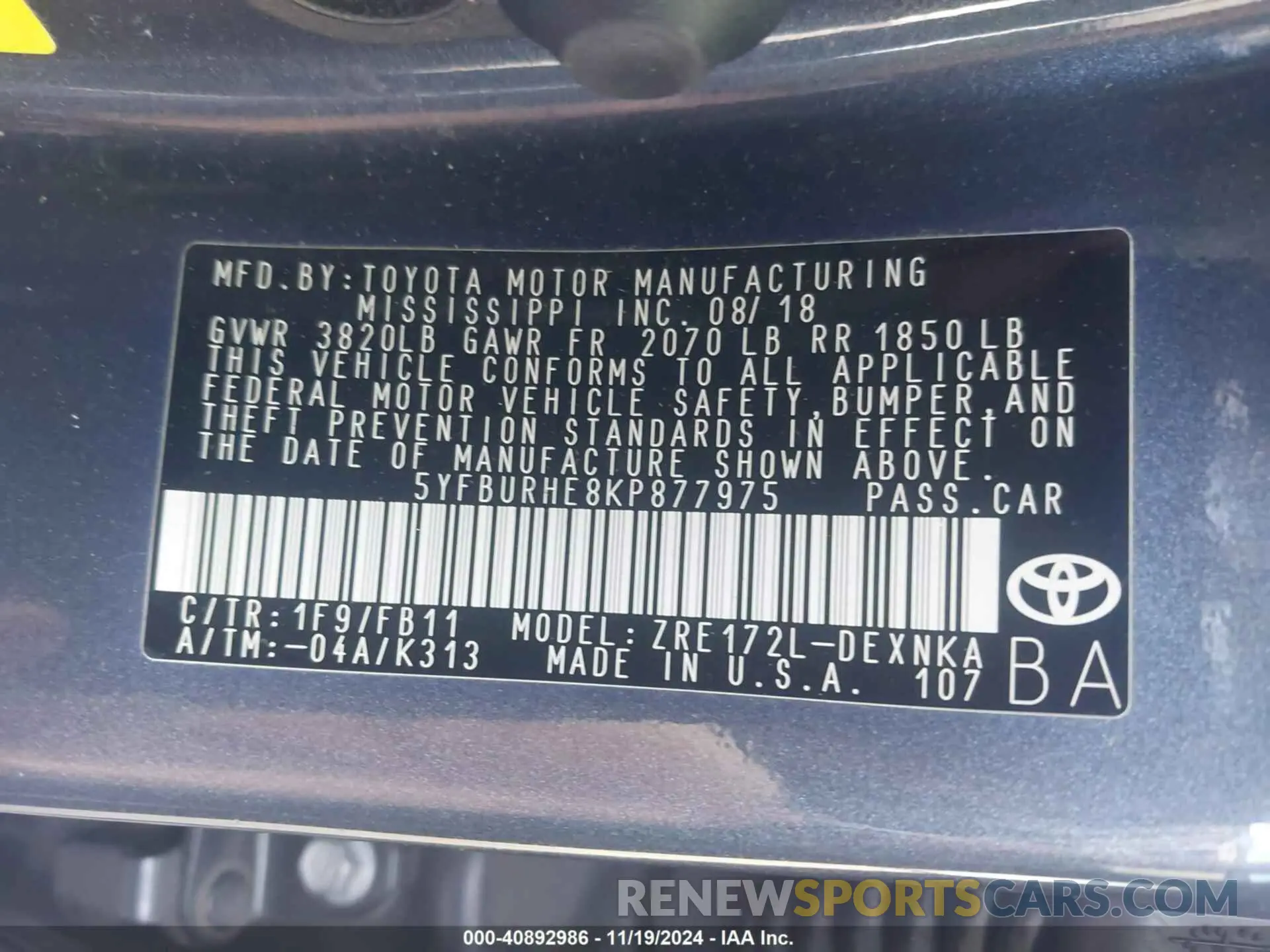 9 fotografías del automóvil dañado 5YFBURHE8KP877975 TOYOTA COROLLA 2019