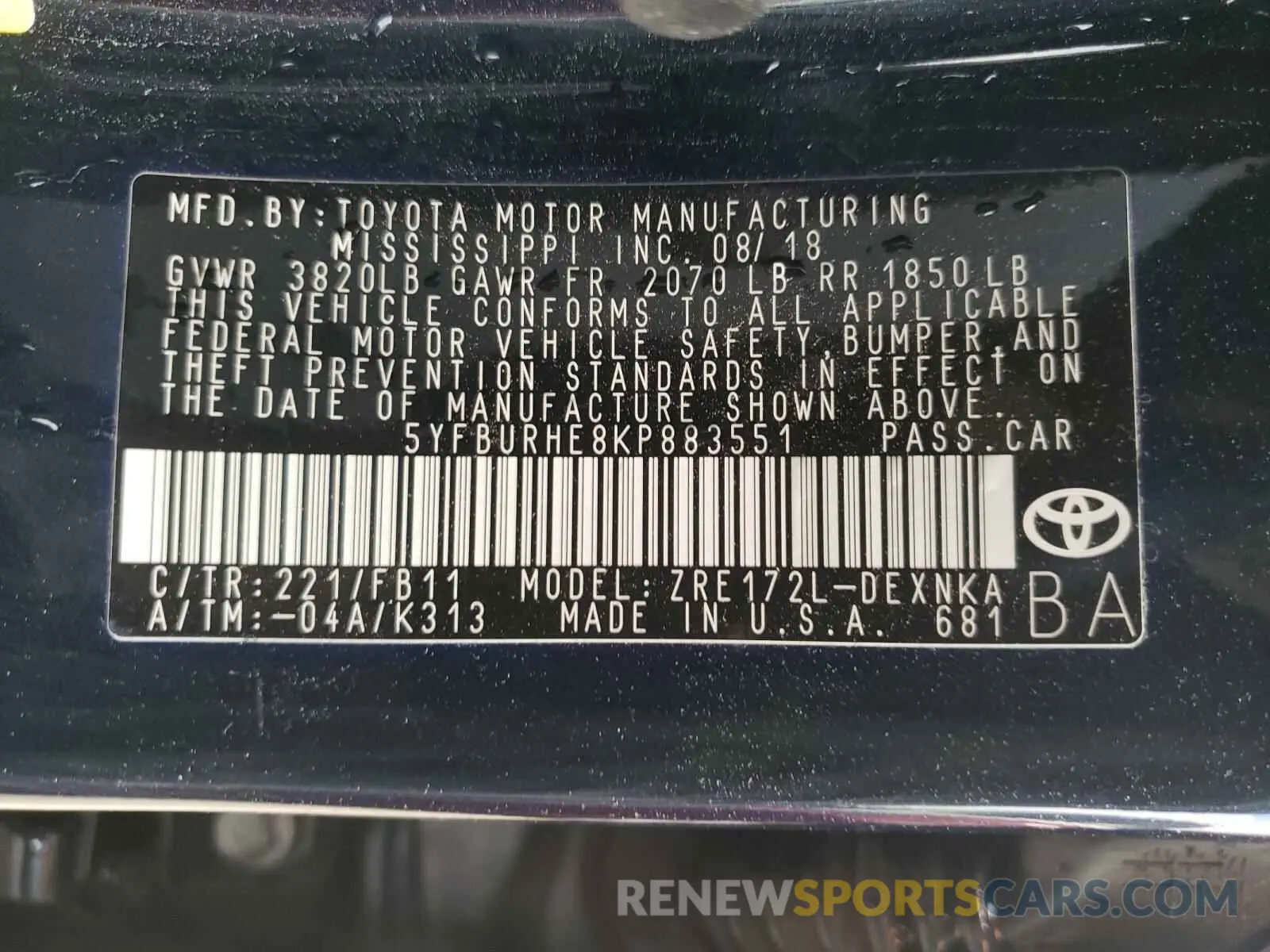 10 fotografías del automóvil dañado 5YFBURHE8KP883551 TOYOTA COROLLA 2019