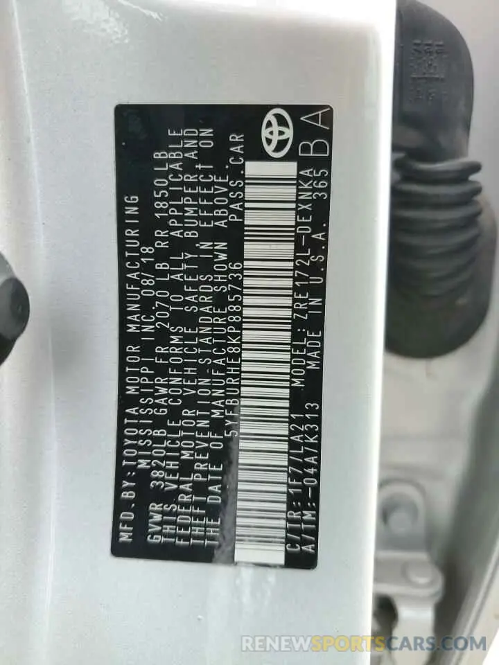 13 fotografías del automóvil dañado 5YFBURHE8KP885736 TOYOTA COROLLA 2019