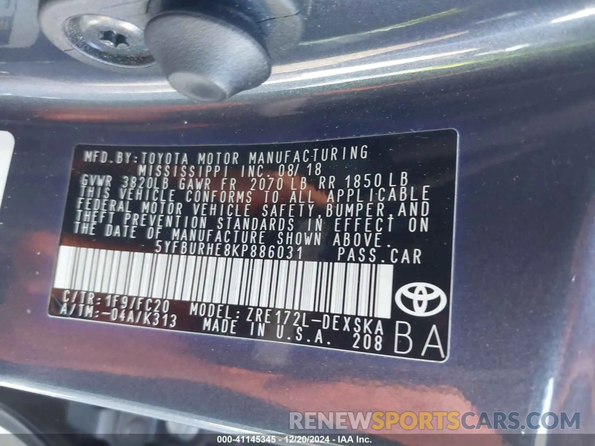 9 fotografías del automóvil dañado 5YFBURHE8KP886031 TOYOTA COROLLA 2019