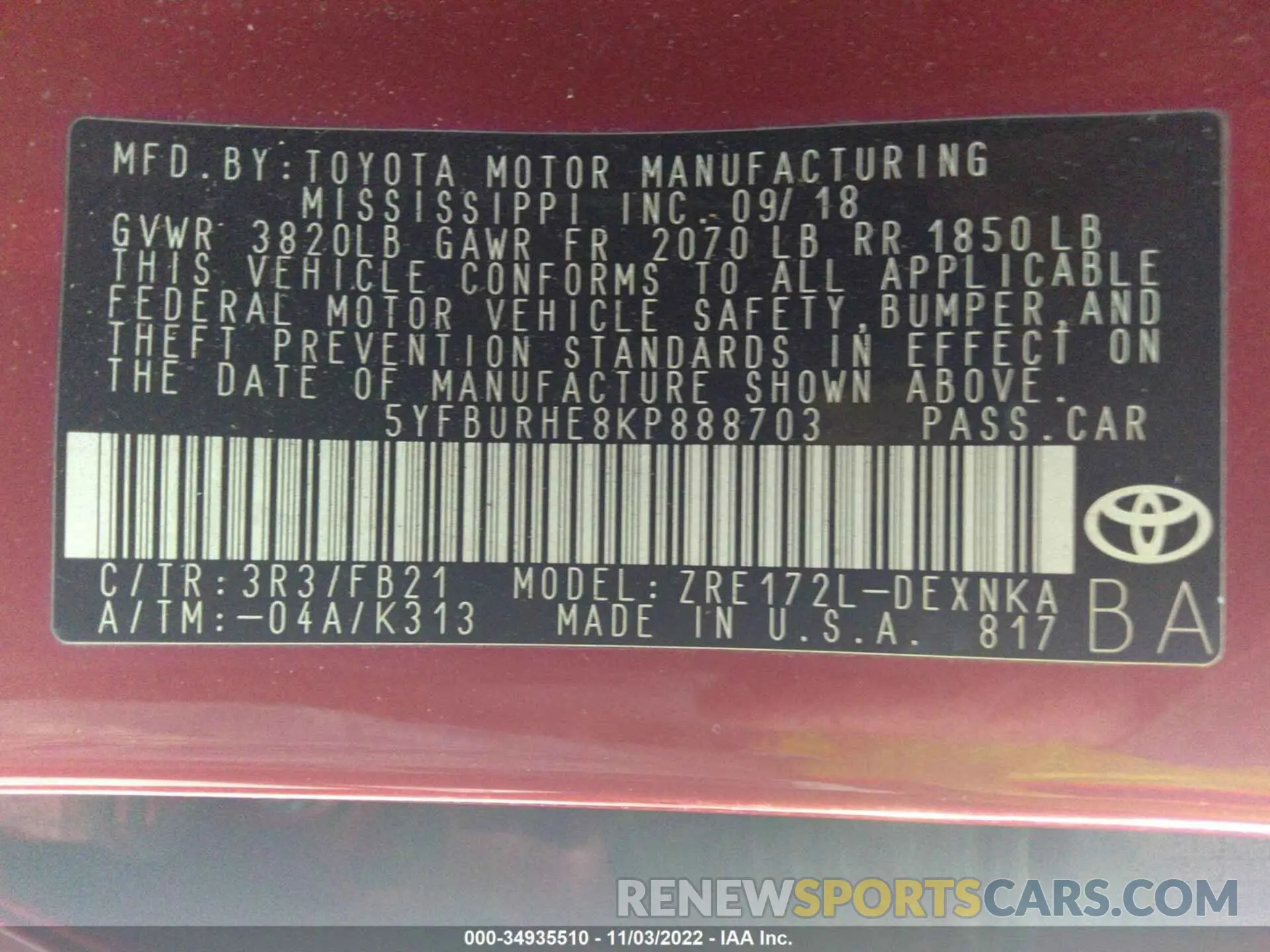 9 fotografías del automóvil dañado 5YFBURHE8KP888703 TOYOTA COROLLA 2019