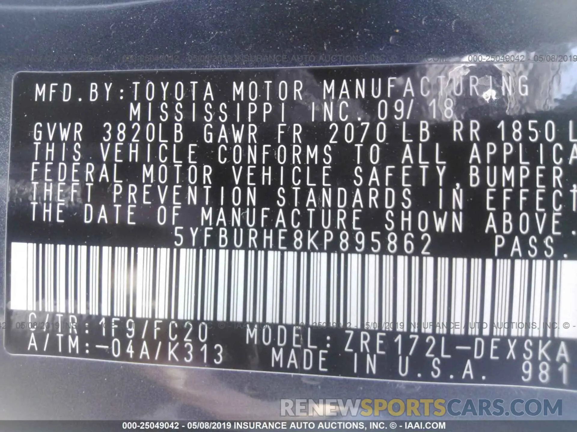 9 fotografías del automóvil dañado 5YFBURHE8KP895862 TOYOTA COROLLA 2019