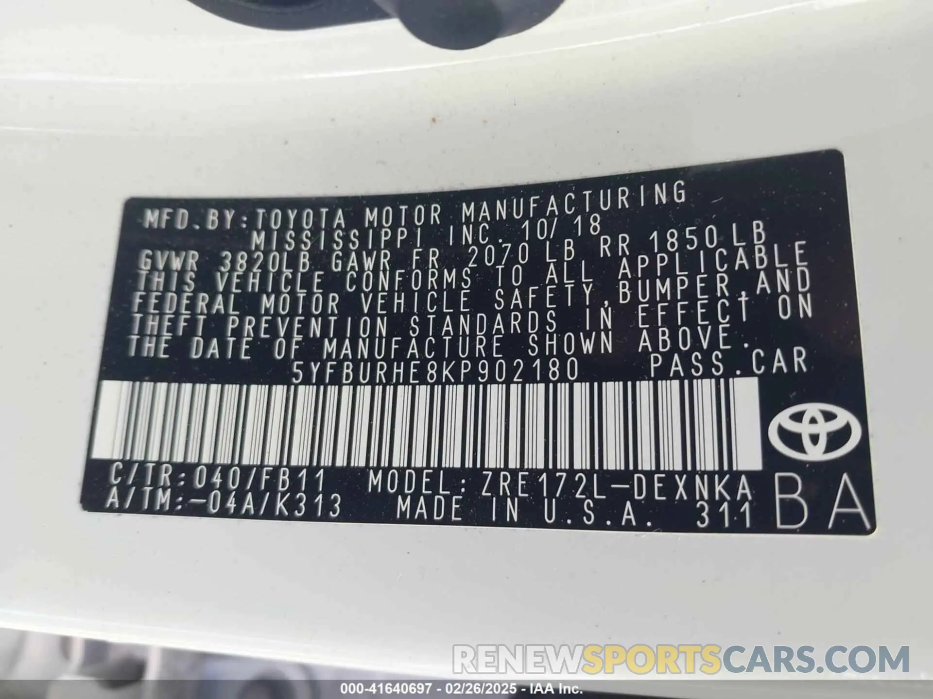 9 fotografías del automóvil dañado 5YFBURHE8KP902180 TOYOTA COROLLA 2019