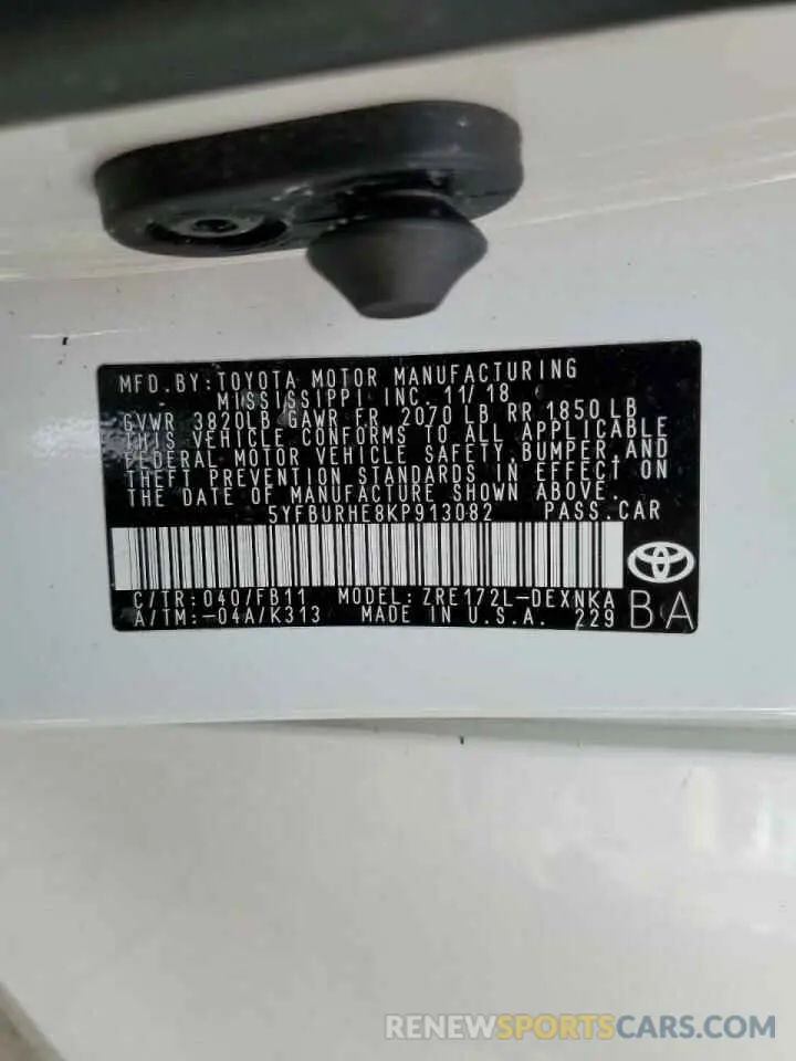 10 fotografías del automóvil dañado 5YFBURHE8KP913082 TOYOTA COROLLA 2019