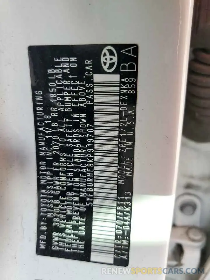 12 fotografías del automóvil dañado 5YFBURHE8KP919707 TOYOTA COROLLA 2019