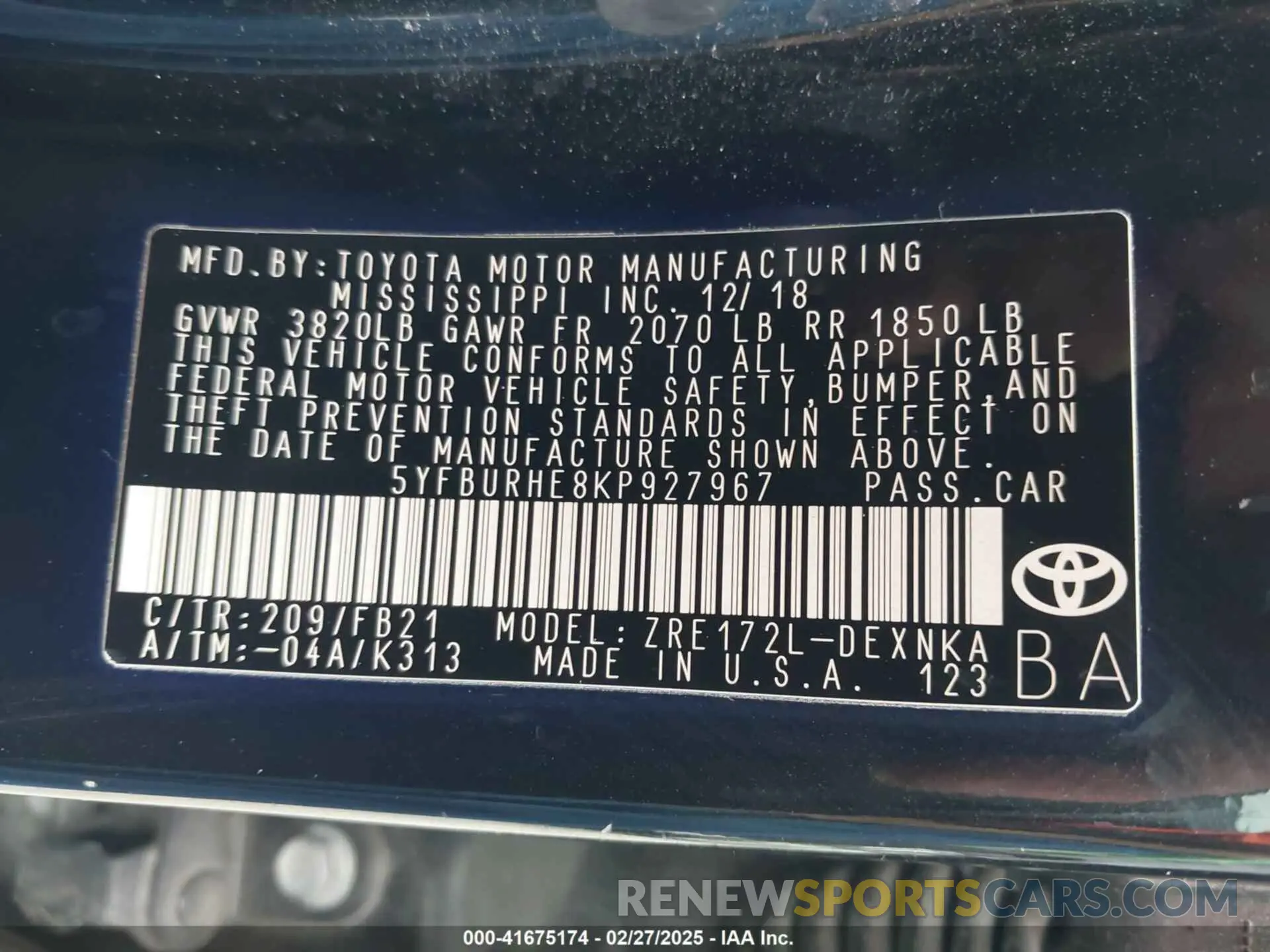 9 fotografías del automóvil dañado 5YFBURHE8KP927967 TOYOTA COROLLA 2019