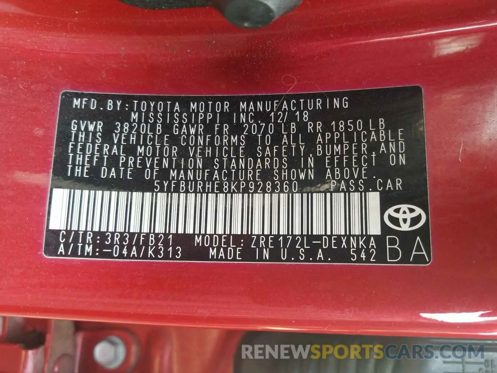 10 fotografías del automóvil dañado 5YFBURHE8KP928360 TOYOTA COROLLA 2019