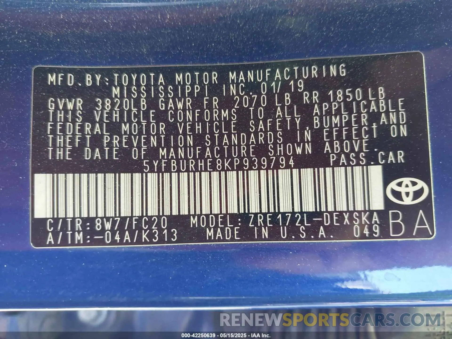 9 fotografías del automóvil dañado 5YFBURHE8KP939794 TOYOTA COROLLA 2019