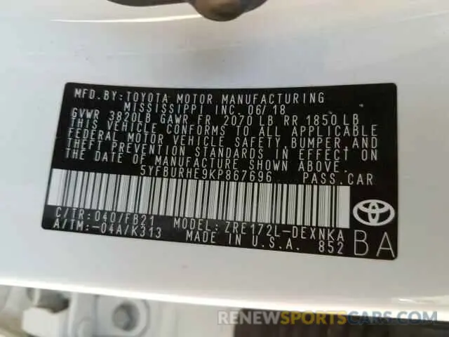10 fotografías del automóvil dañado 5YFBURHE9KP867696 TOYOTA COROLLA 2019