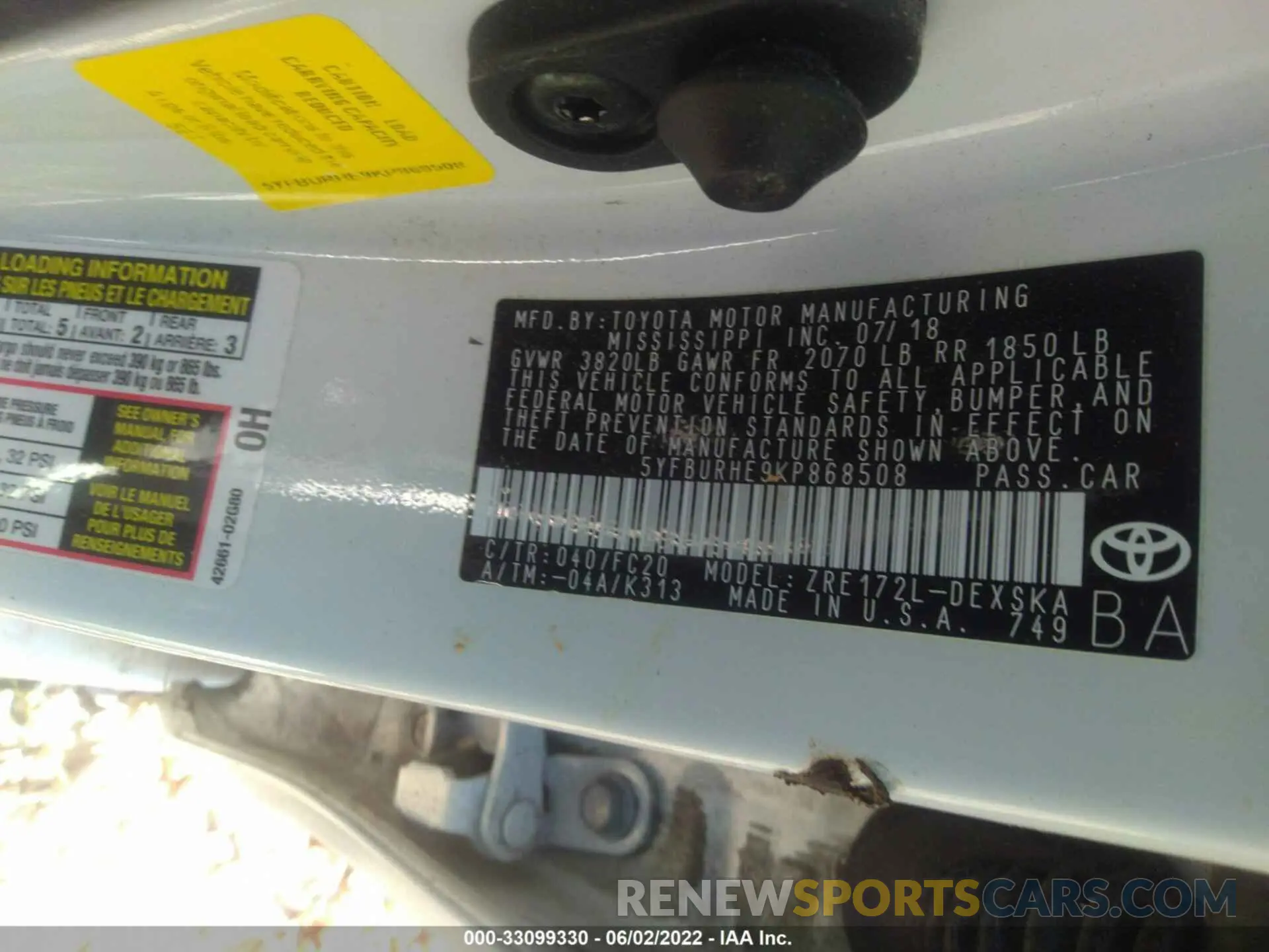 9 fotografías del automóvil dañado 5YFBURHE9KP868508 TOYOTA COROLLA 2019