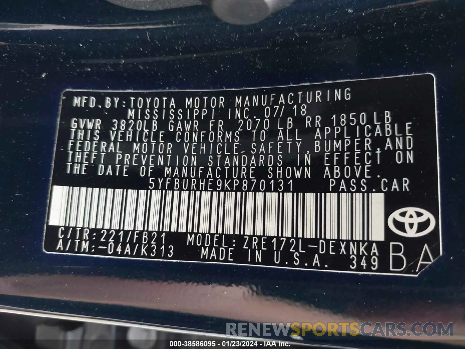 9 fotografías del automóvil dañado 5YFBURHE9KP870131 TOYOTA COROLLA 2019