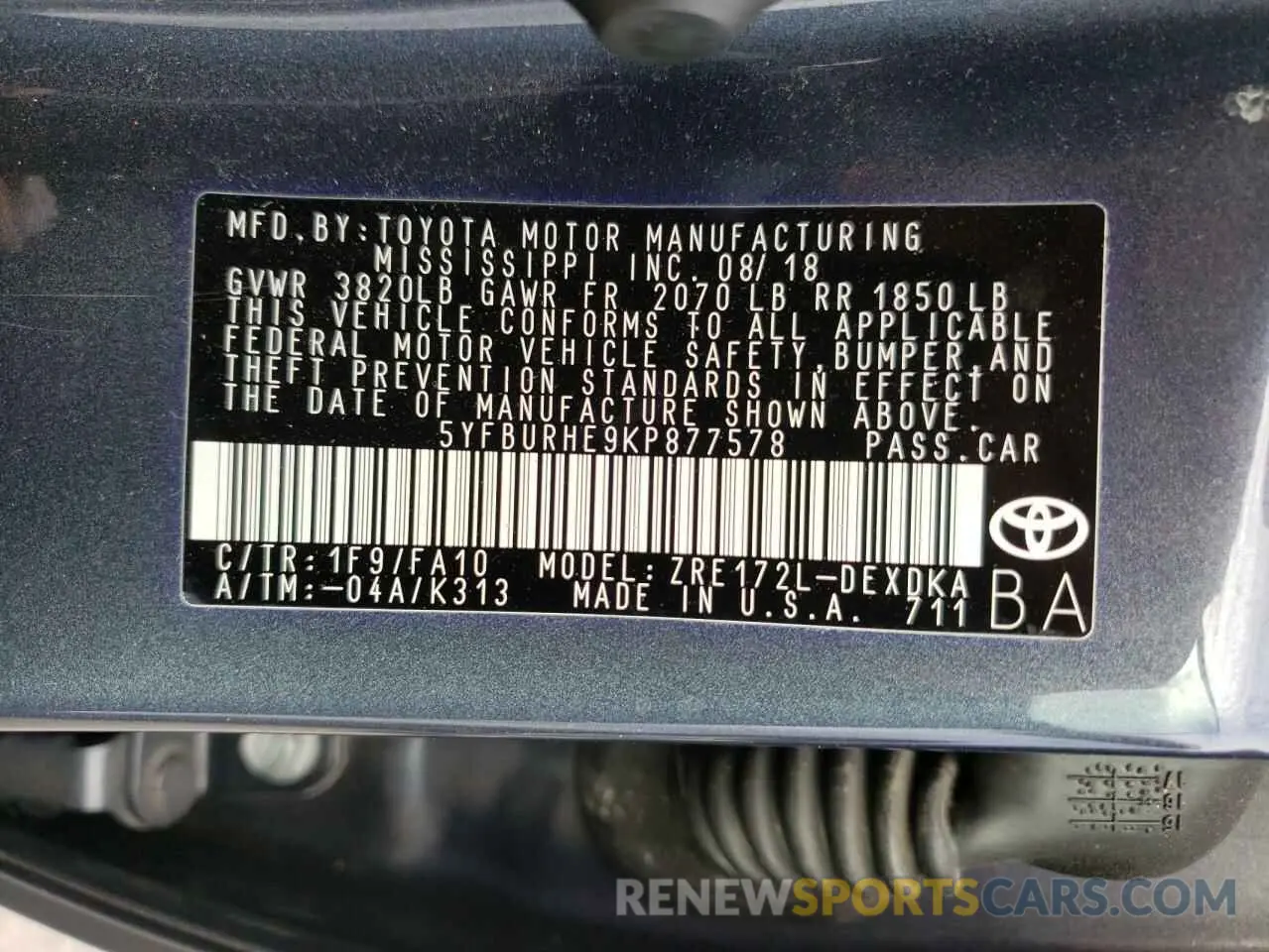 10 fotografías del automóvil dañado 5YFBURHE9KP877578 TOYOTA COROLLA 2019
