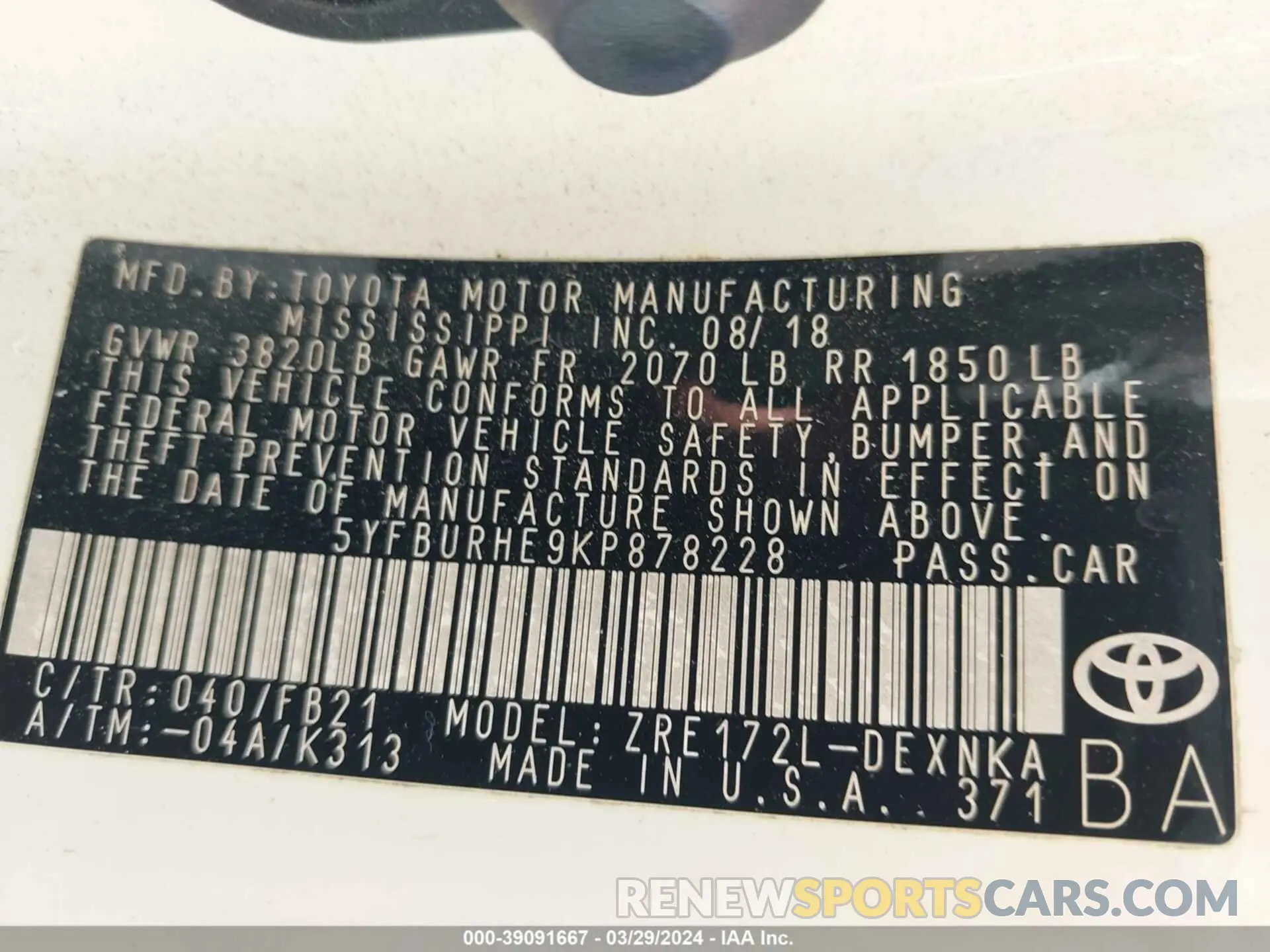 9 fotografías del automóvil dañado 5YFBURHE9KP878228 TOYOTA COROLLA 2019
