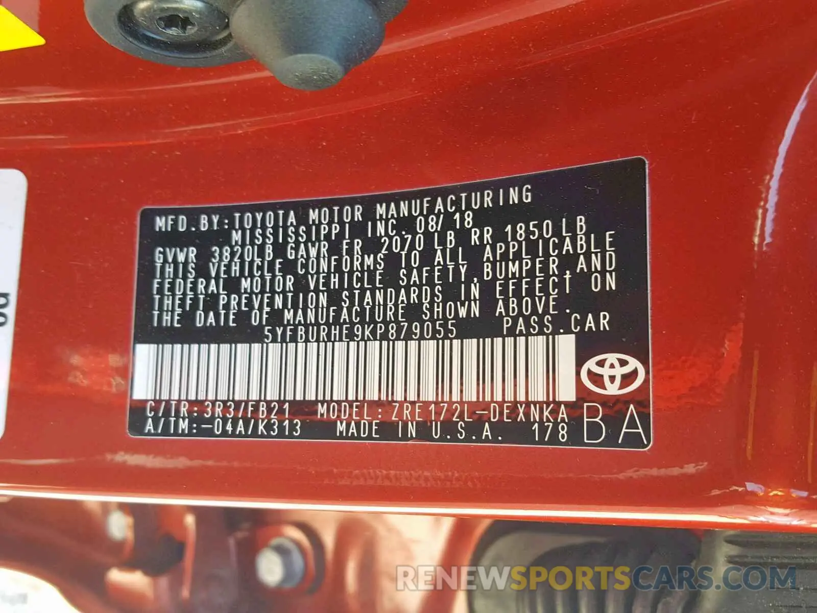 10 fotografías del automóvil dañado 5YFBURHE9KP879055 TOYOTA COROLLA 2019