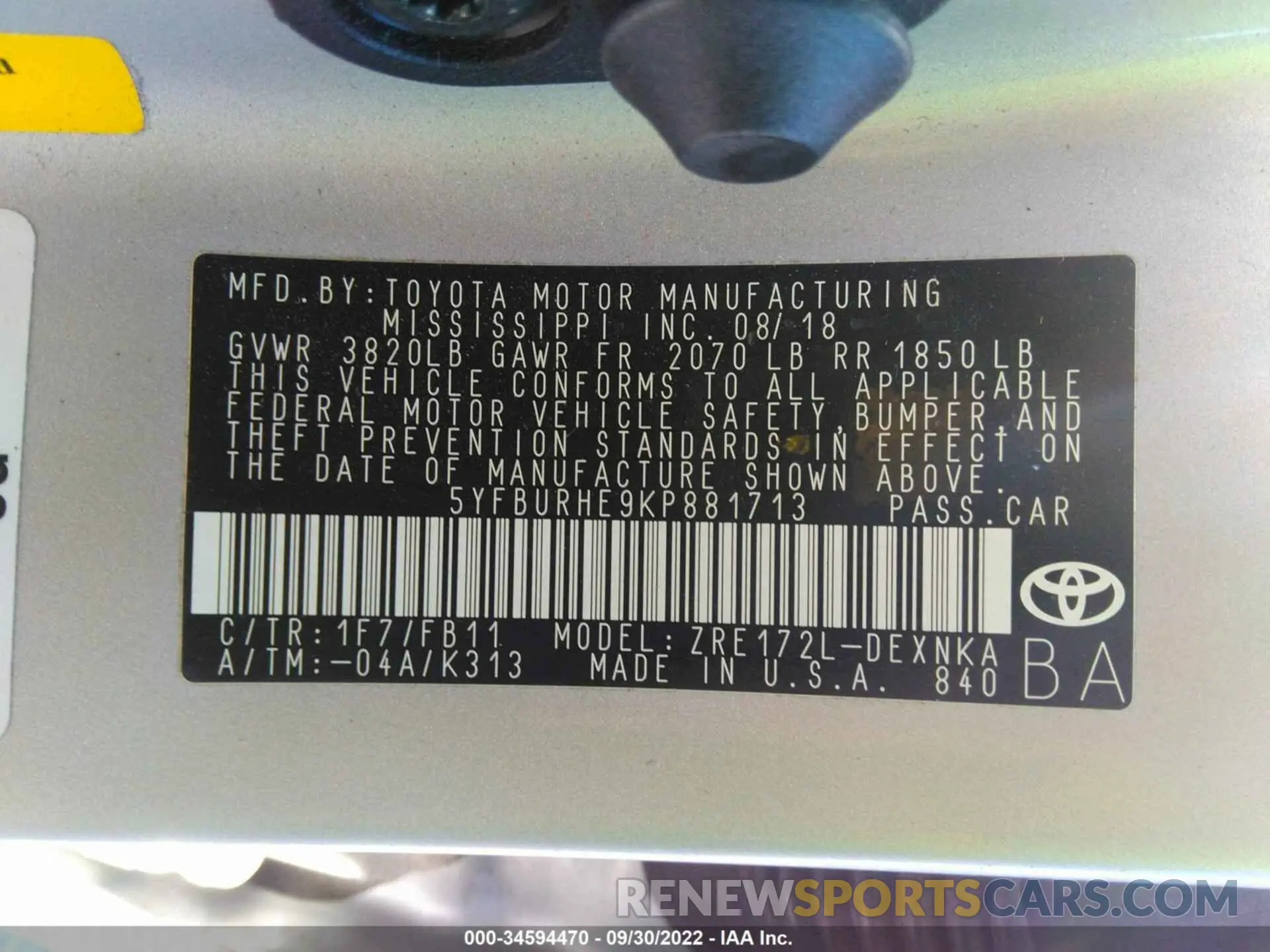 9 fotografías del automóvil dañado 5YFBURHE9KP881713 TOYOTA COROLLA 2019