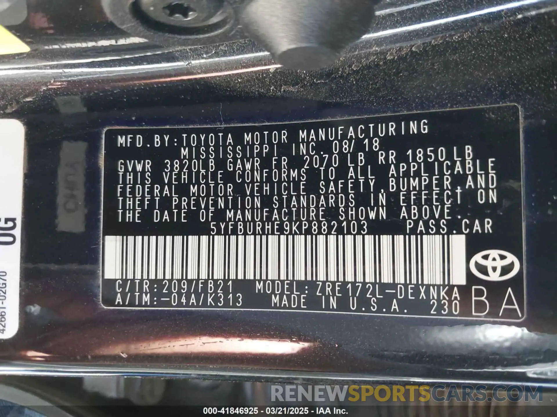 9 fotografías del automóvil dañado 5YFBURHE9KP882103 TOYOTA COROLLA 2019