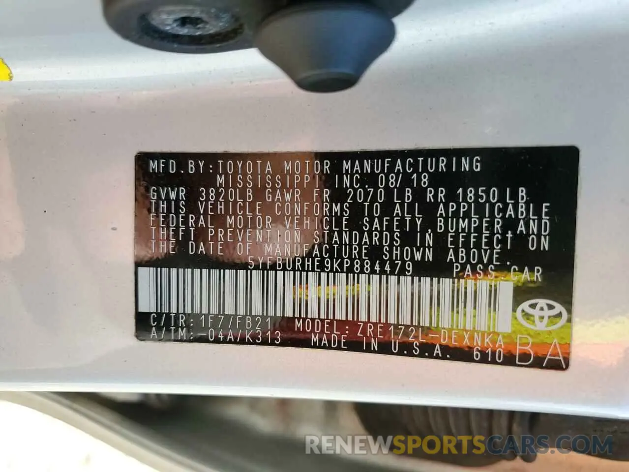 12 fotografías del automóvil dañado 5YFBURHE9KP884479 TOYOTA COROLLA 2019