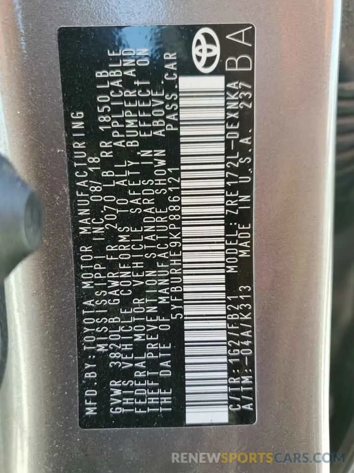 12 fotografías del automóvil dañado 5YFBURHE9KP886121 TOYOTA COROLLA 2019