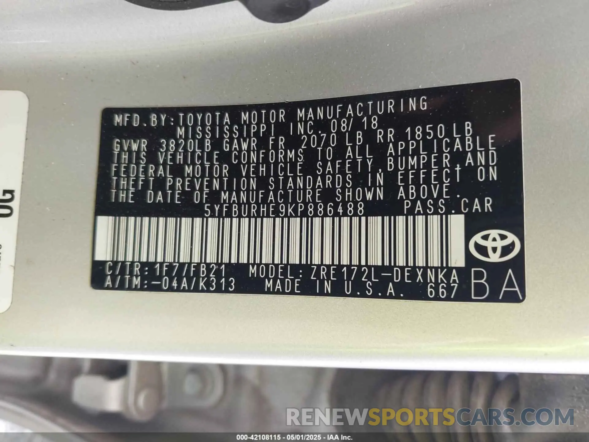 9 fotografías del automóvil dañado 5YFBURHE9KP886488 TOYOTA COROLLA 2019