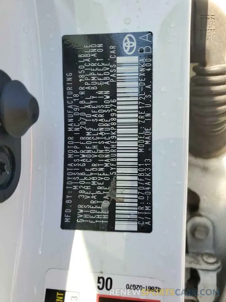 12 fotografías del automóvil dañado 5YFBURHE9KP889276 TOYOTA COROLLA 2019
