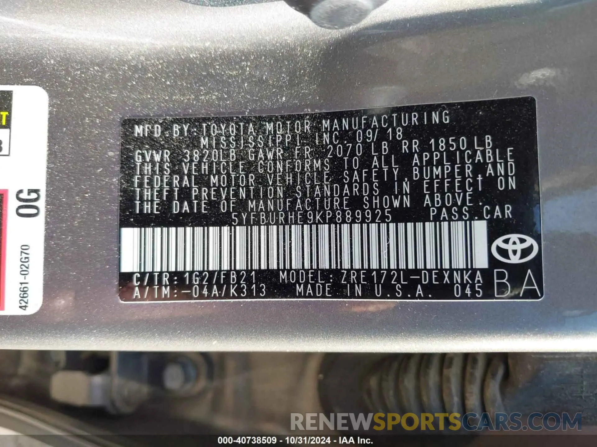 9 fotografías del automóvil dañado 5YFBURHE9KP889925 TOYOTA COROLLA 2019