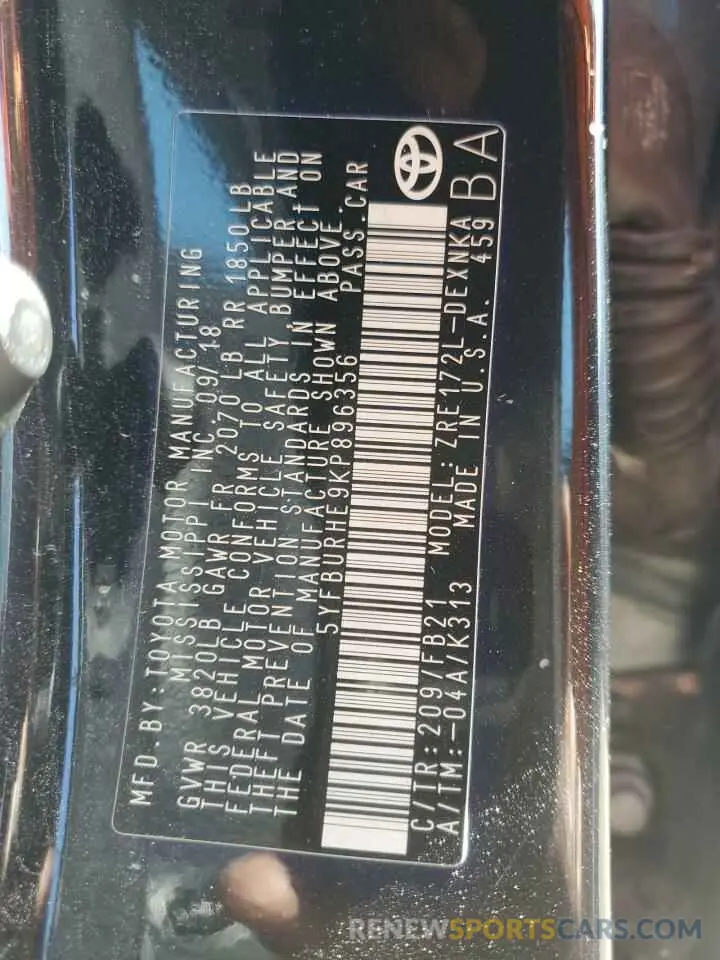 12 fotografías del automóvil dañado 5YFBURHE9KP896356 TOYOTA COROLLA 2019