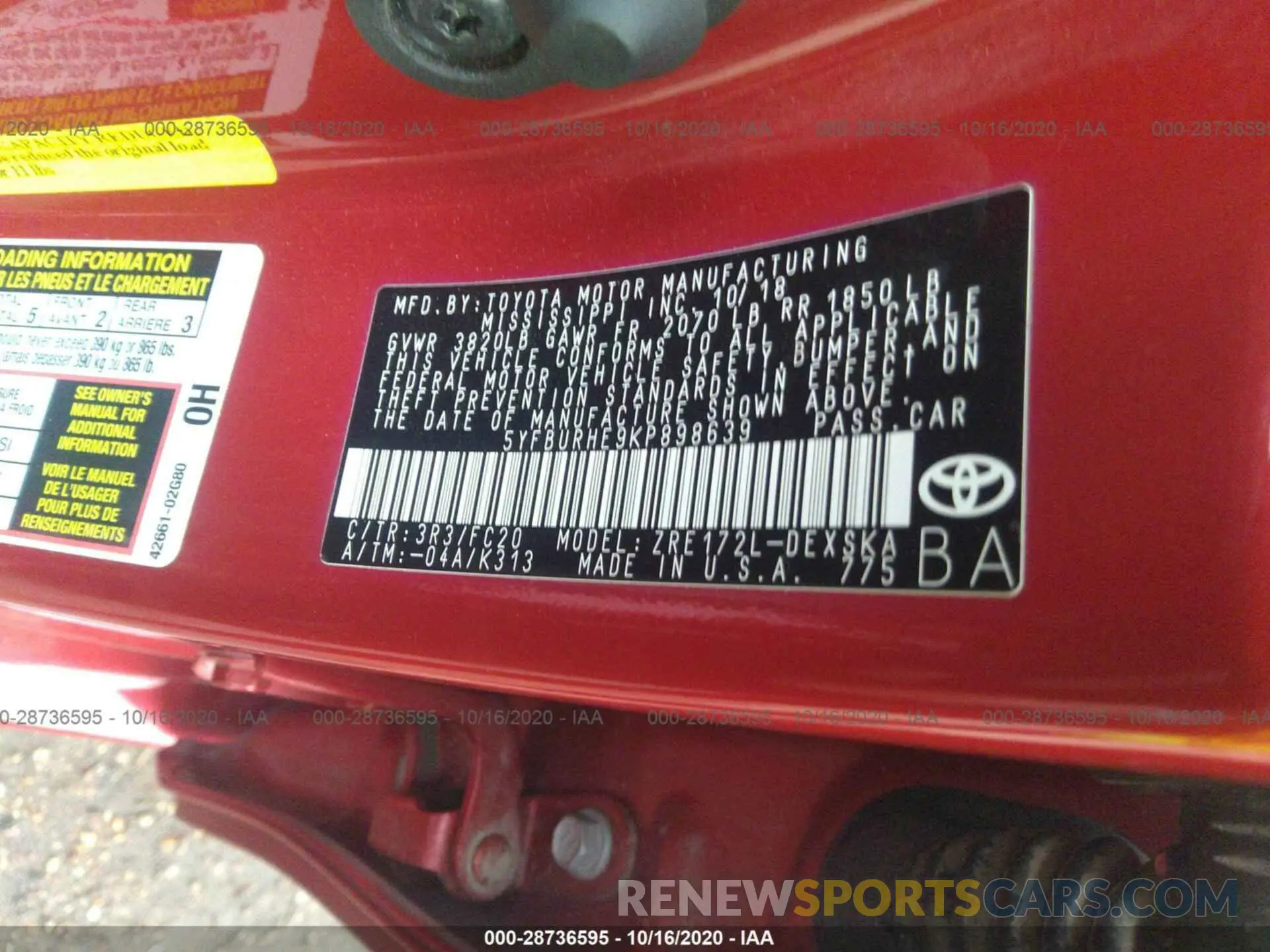 9 fotografías del automóvil dañado 5YFBURHE9KP898639 TOYOTA COROLLA 2019