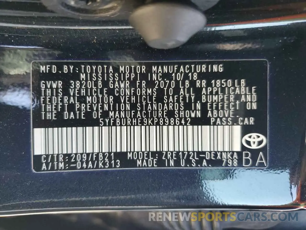 14 fotografías del automóvil dañado 5YFBURHE9KP898642 TOYOTA COROLLA 2019