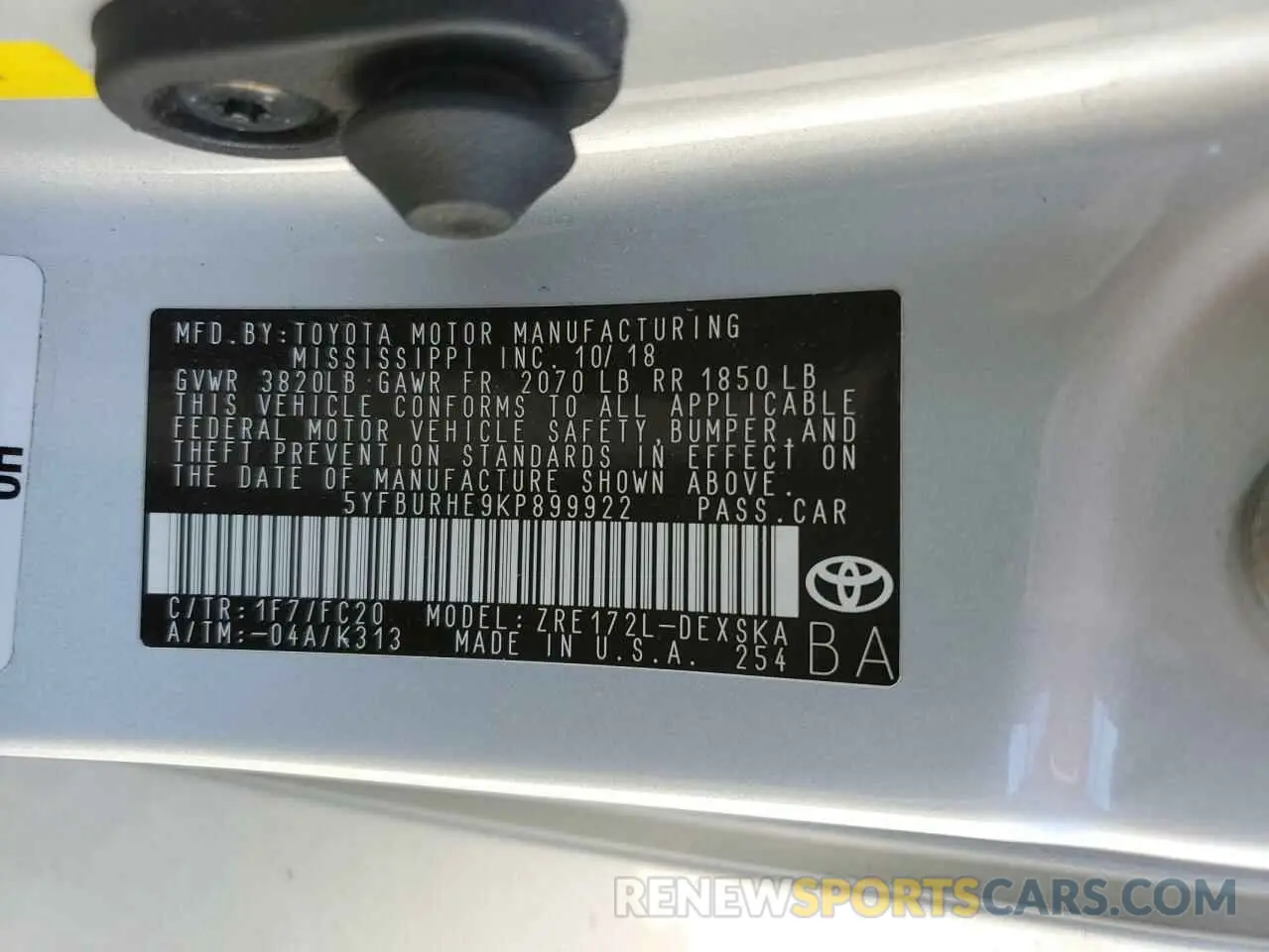 10 fotografías del automóvil dañado 5YFBURHE9KP899922 TOYOTA COROLLA 2019