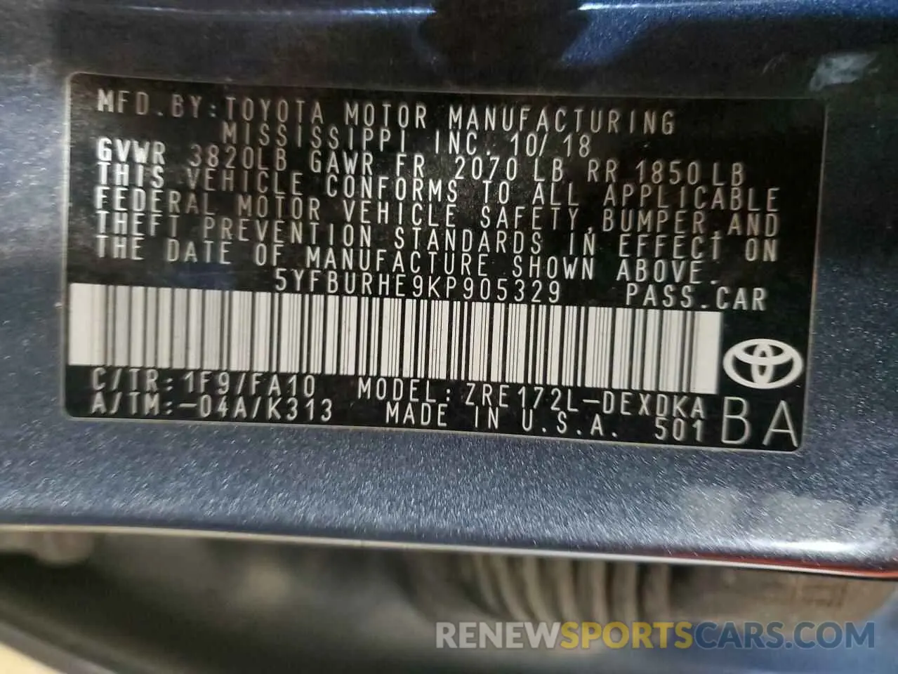 12 fotografías del automóvil dañado 5YFBURHE9KP905329 TOYOTA COROLLA 2019