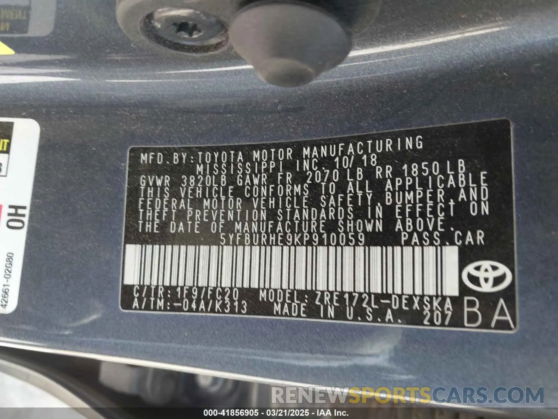 9 fotografías del automóvil dañado 5YFBURHE9KP910059 TOYOTA COROLLA 2019