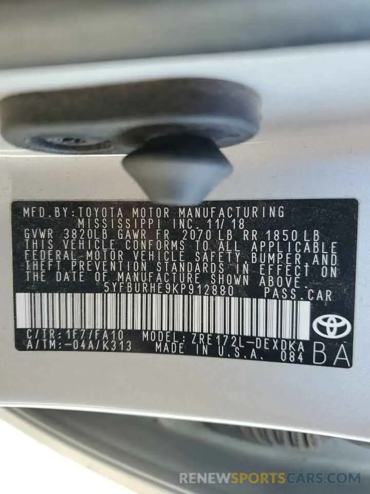 12 fotografías del automóvil dañado 5YFBURHE9KP912880 TOYOTA COROLLA 2019