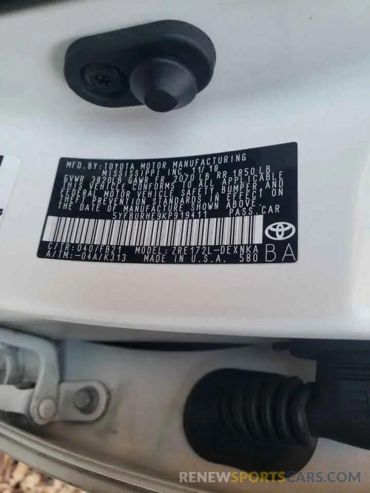 10 fotografías del automóvil dañado 5YFBURHE9KP919411 TOYOTA COROLLA 2019