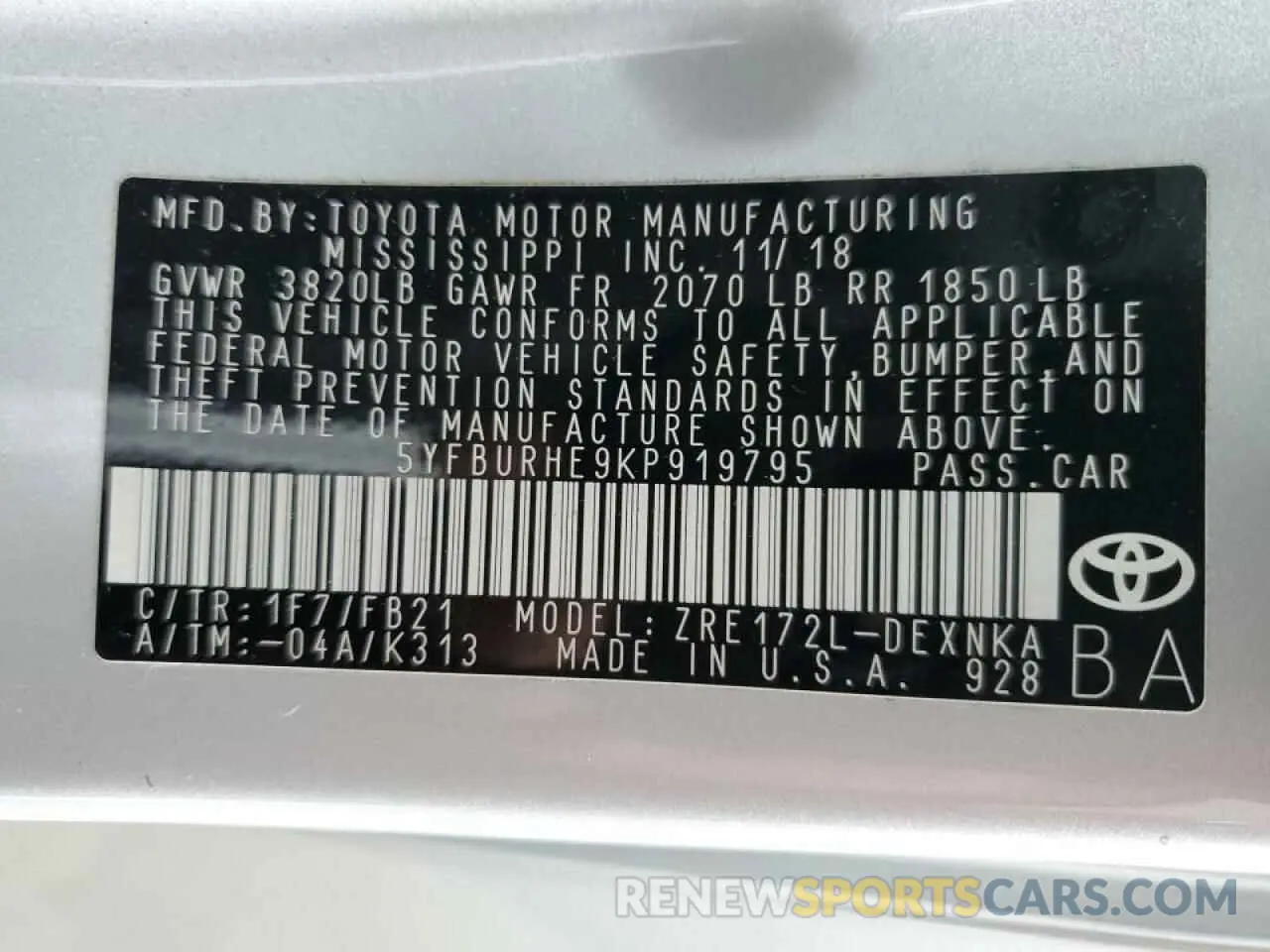 10 fotografías del automóvil dañado 5YFBURHE9KP919795 TOYOTA COROLLA 2019